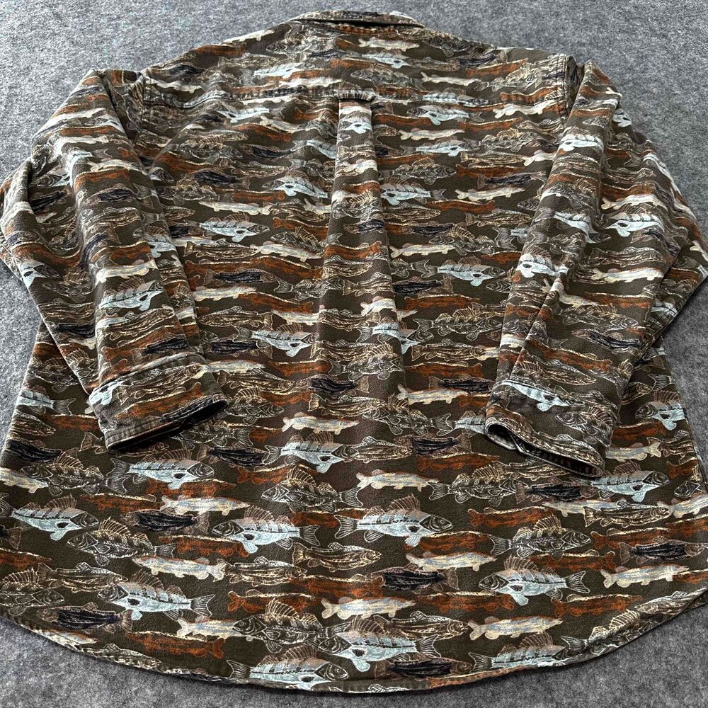Woolrich Flannel Shirt Mens Large Multicolor Olive Woodblock Fish Outdoors - Picture 3 of 12